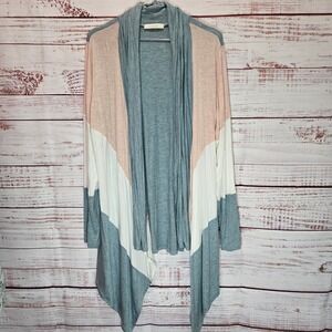 Entro Colorblock Open Front Cardigan Gray Pink Cream Medium